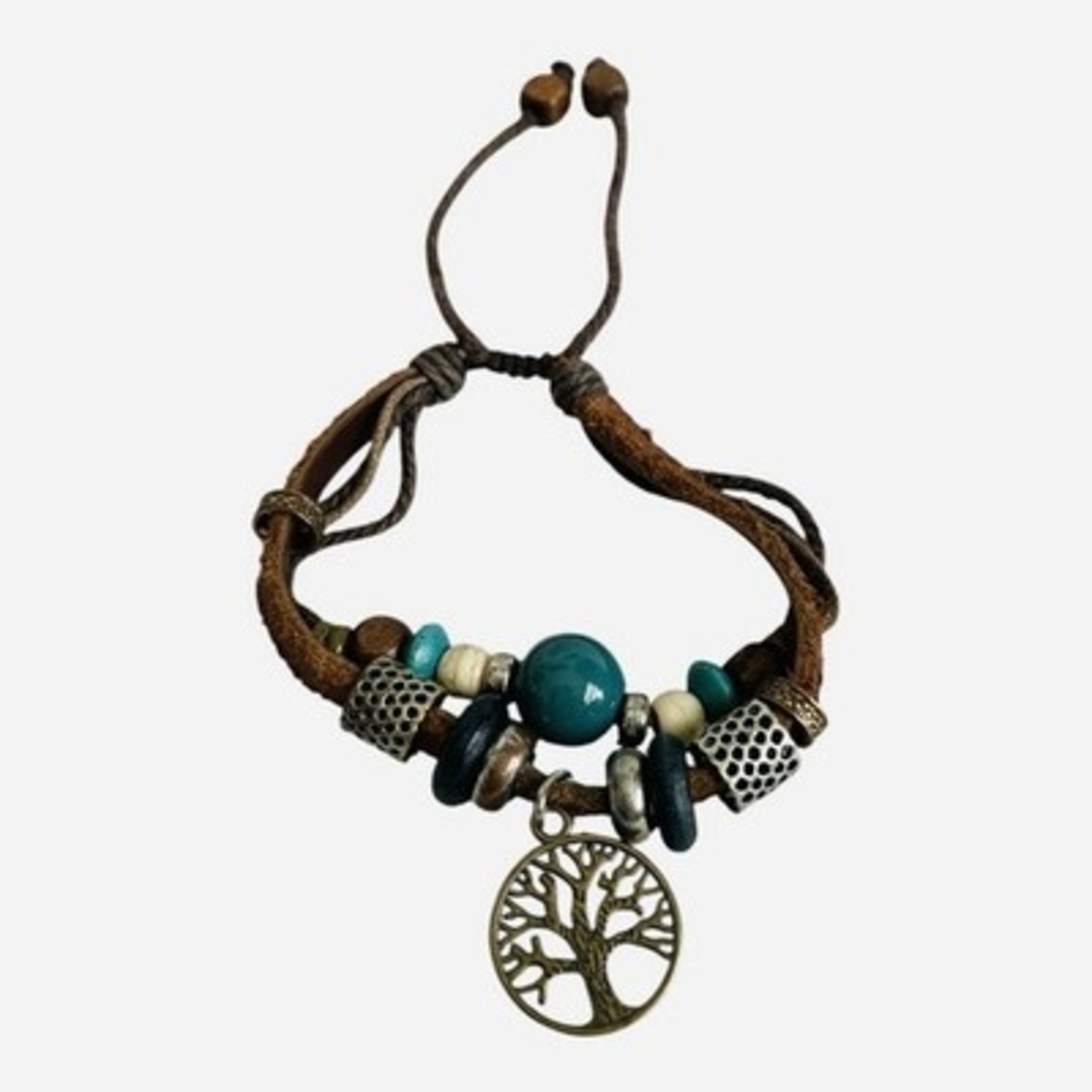 Tree of Life Charm Brown Leather Double Layer Beaded Bracelet Unisex Adjustable - Picture 3 of 4